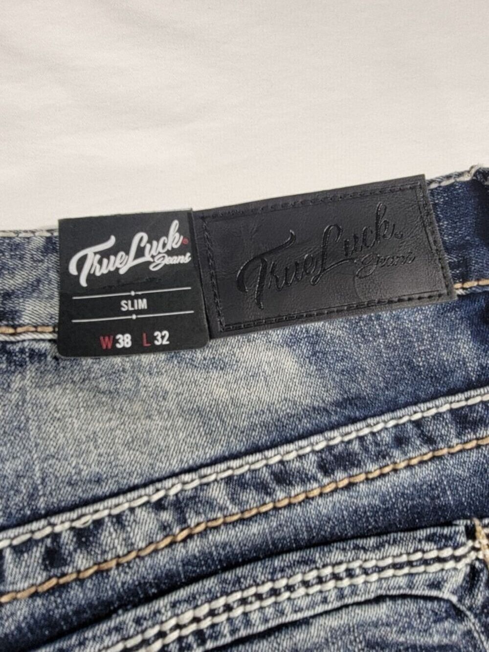 NEW True Luck Jeans Mens 38x32 Blue Stretch Straight Slim Denim NWT - Picture 7 of 11